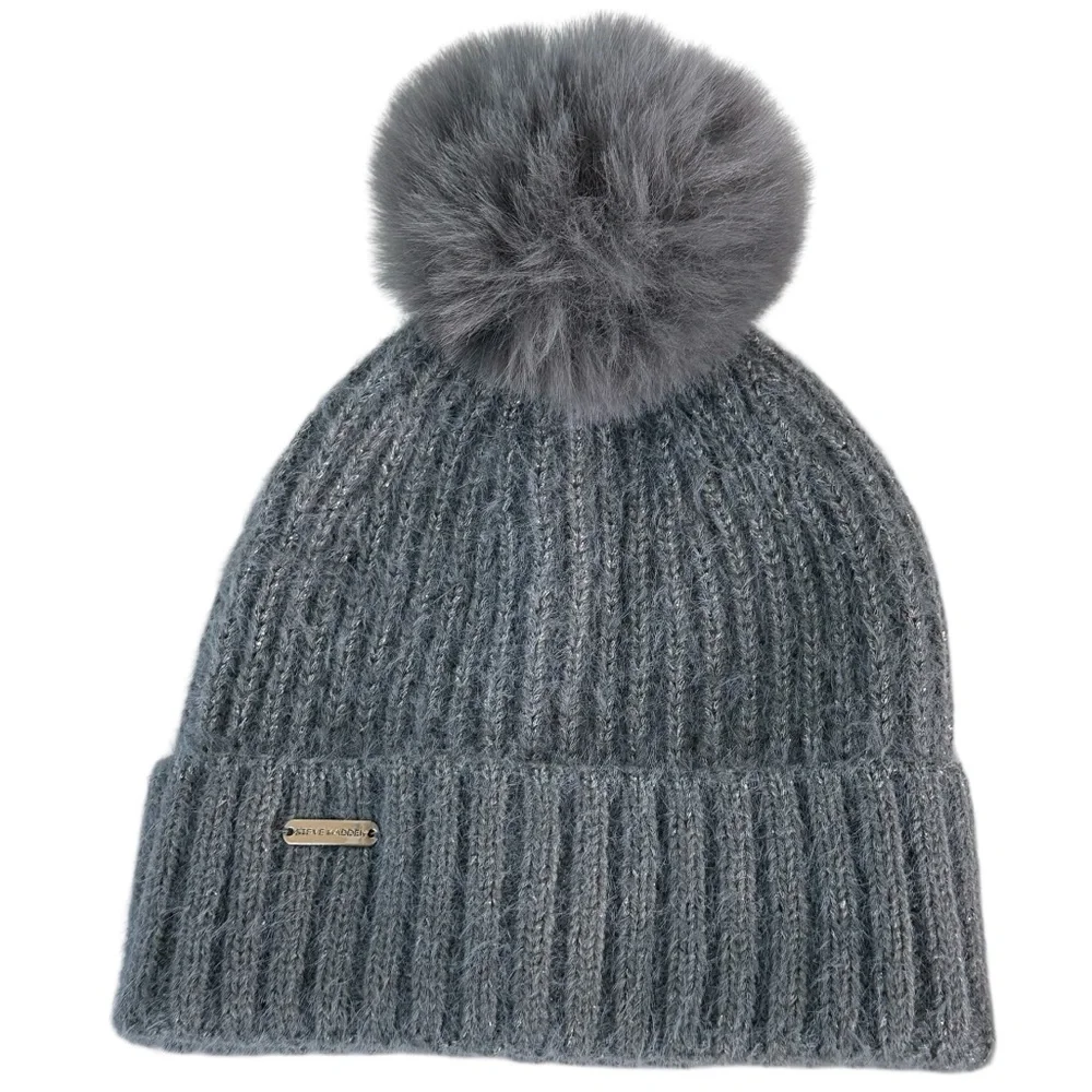 Steve Madden Women's Eldridge Sparkle Rib Knit Faux Fur Pom Beanie New!